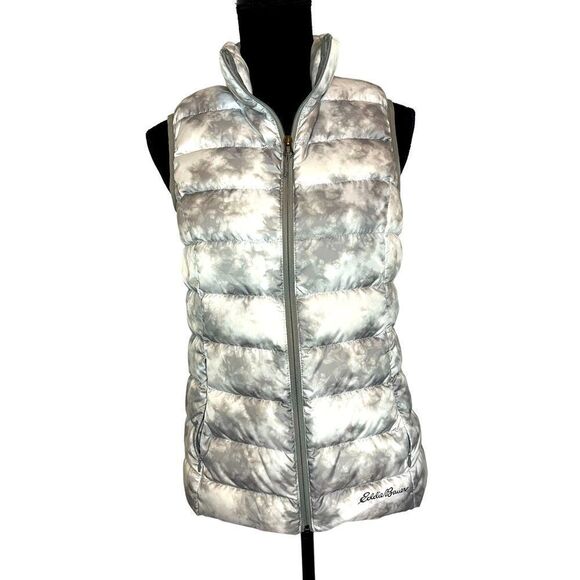 NWOT EDDIE BAUER CIRRUSLITE DOWN PUFFER VEST IN WHITE & GRAY WOMENS SIZE SMALL - Picture 1 of 9